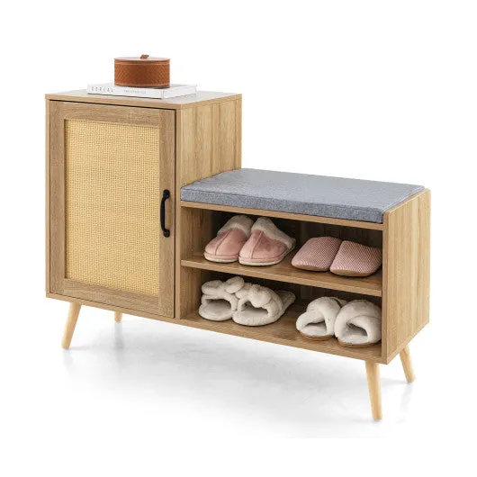 2-in-1 Rattan Shoe Cabinet with Bench Shoe Storage Bench with Washable Cushion-Natural