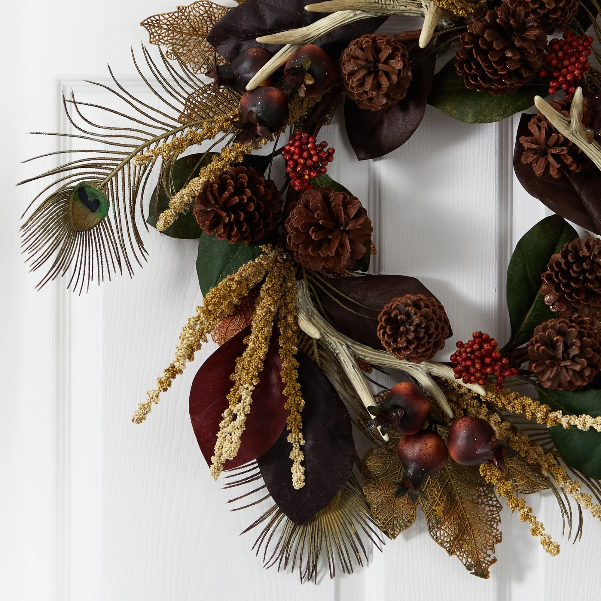 27” Magnolia Leaf, Berry, Antler and Peacock Artificial Wreath