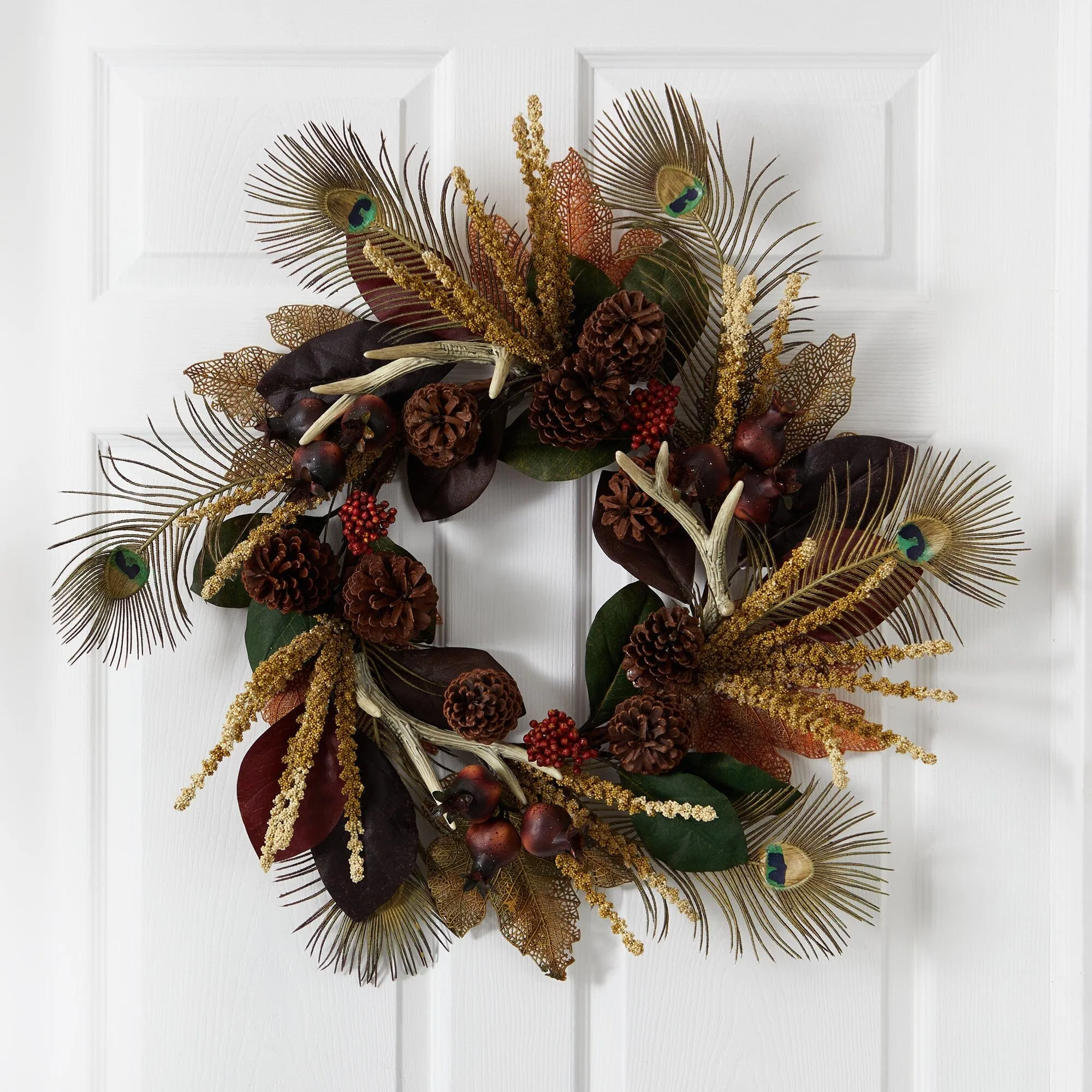 27” Magnolia Leaf, Berry, Antler and Peacock Artificial Wreath