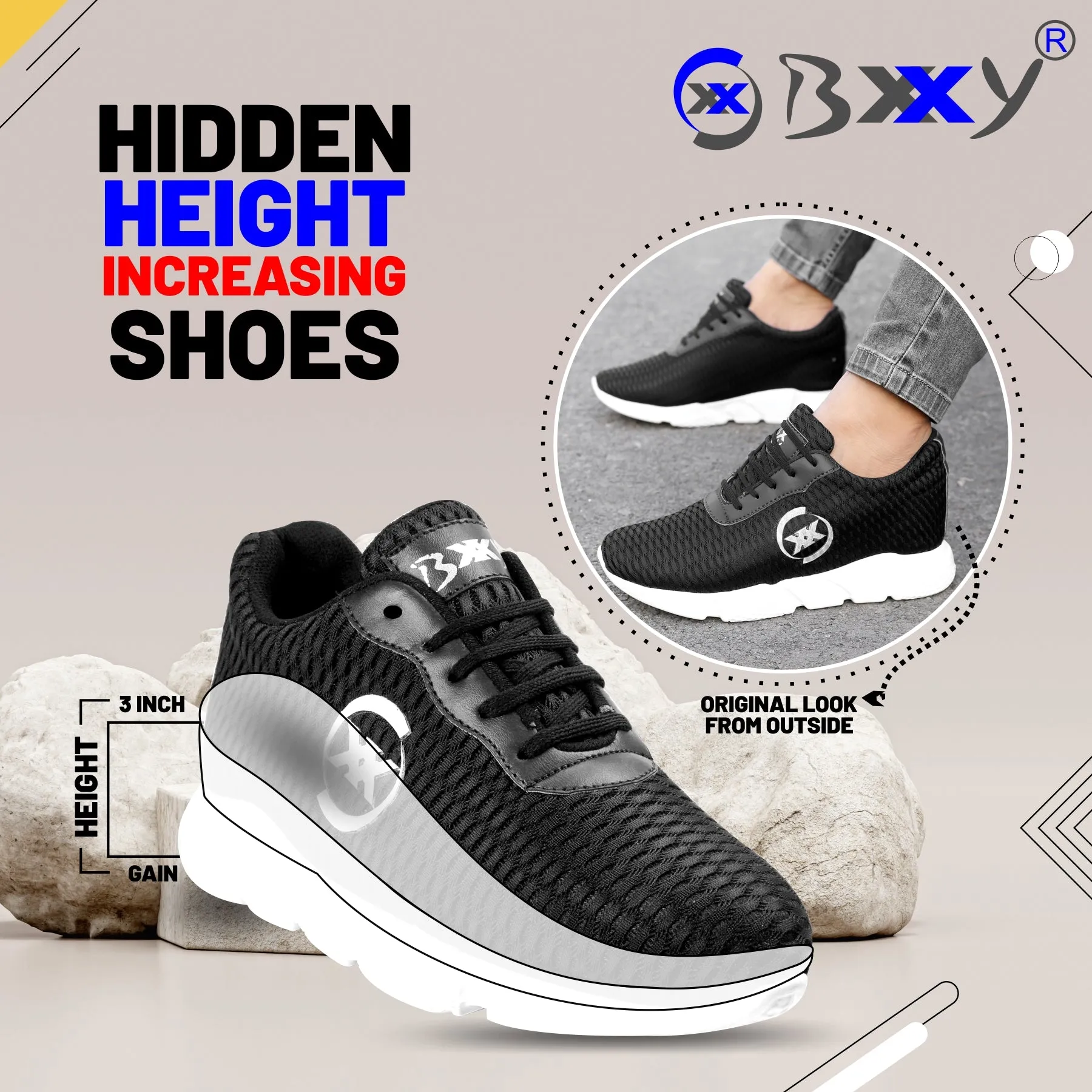 3 Inch Hidden Height Increasing / Elevator Sport Shoes For Men