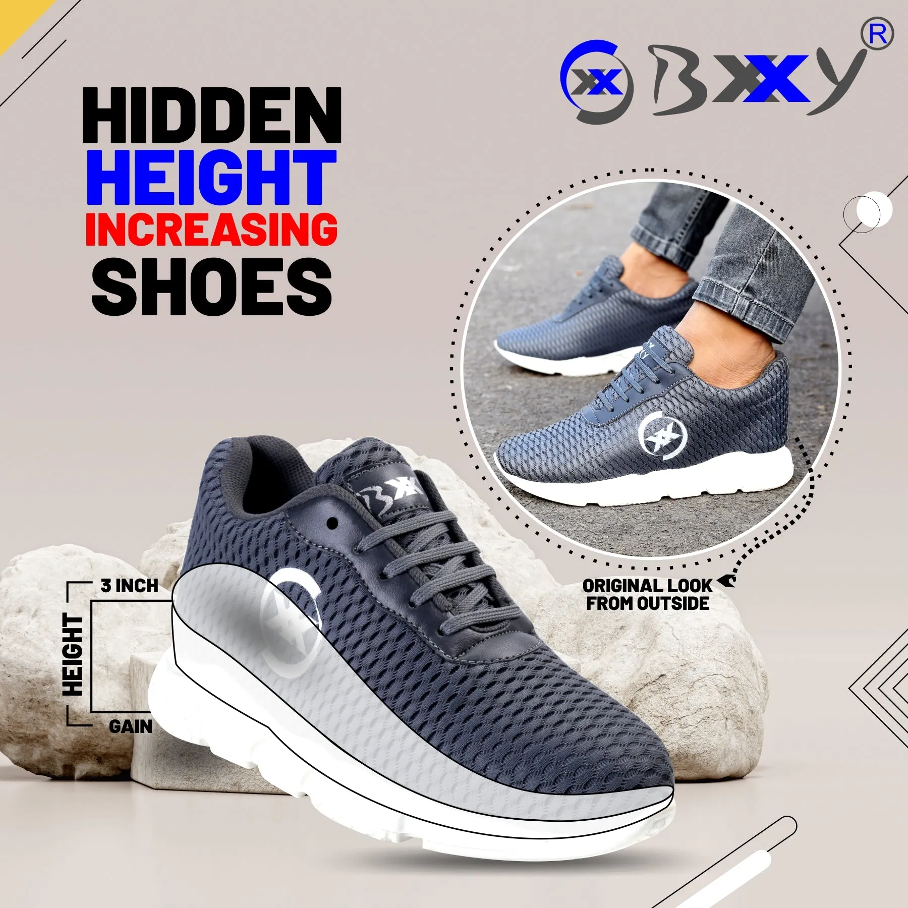 3 Inch Hidden Height Increasing / Elevator Sport Shoes For Men