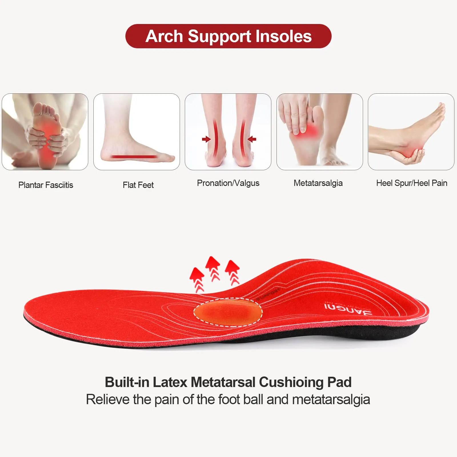 3ANGNI Arch Support Insoles for Plantar Fasciitis- Orthotic Inserts for Flat Feet Orthopedic Insoles Men Women, Metatarsal Support Insoles for Metatarsalgia, Pronation Insoles for Overpronation Valgus Men 10-10.5 / Women 12-12.5 Red