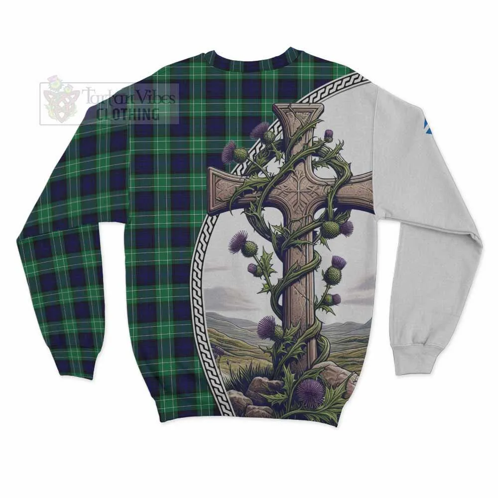 Abercrombie Tartan Sweatshirt with Family Crest and St. Andrew's Cross Accented by Thistle Vines