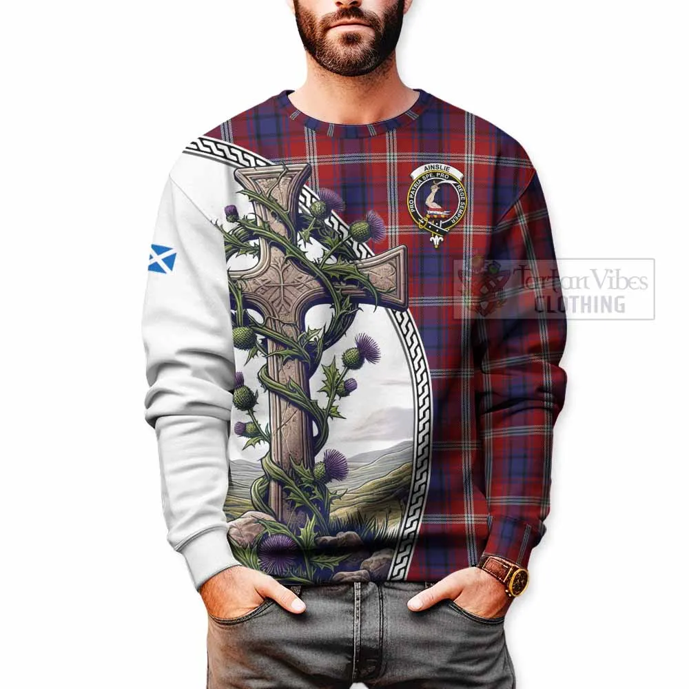 Ainslie Tartan Sweatshirt with Family Crest and St. Andrew's Cross Accented by Thistle Vines