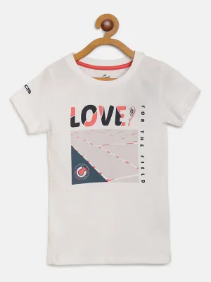 Alcis Girls Off White & Coral Pink Typography Print Slim Fit Badminton T-shirt