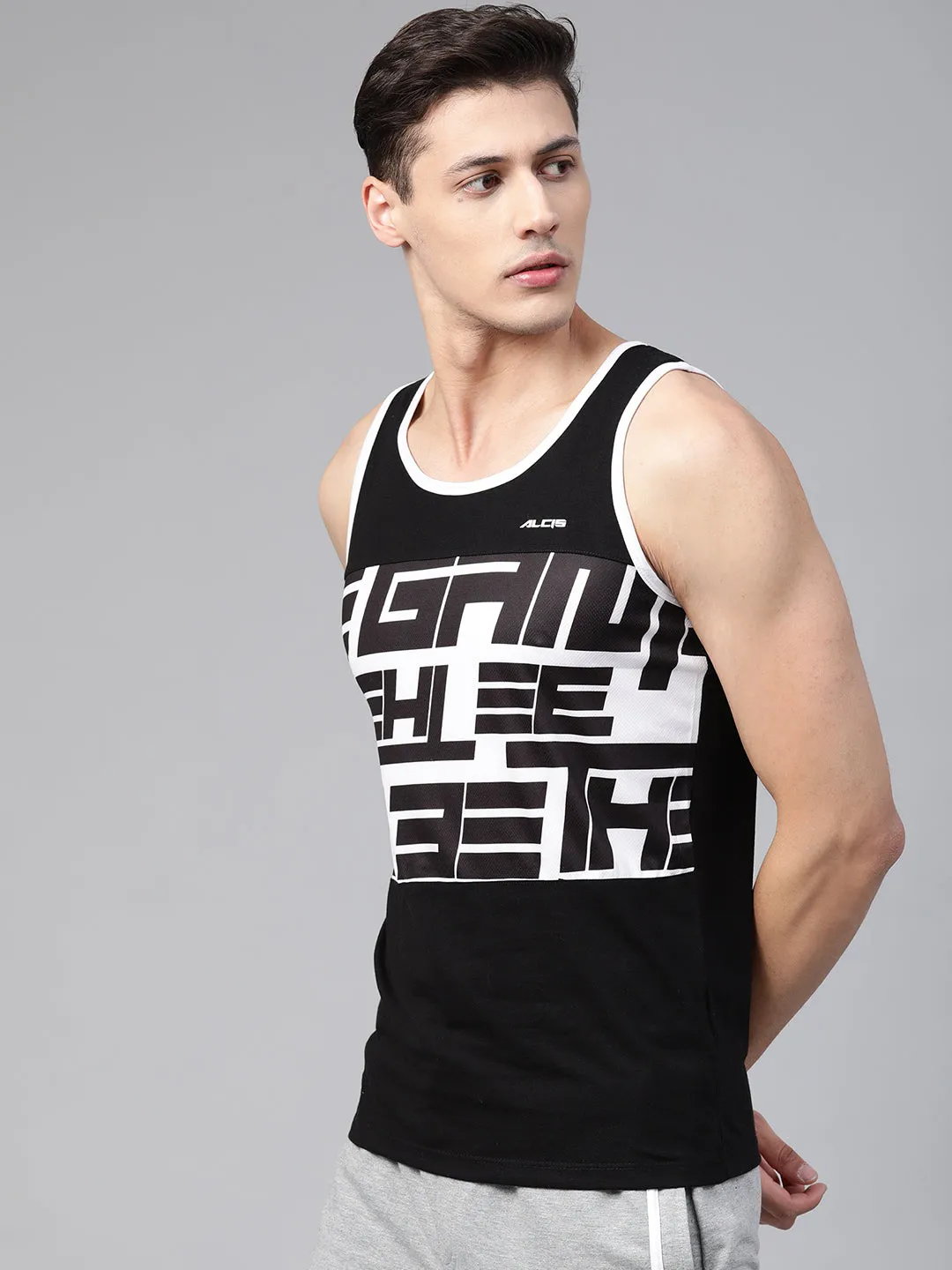 Alcis Men Black White Printed Sleeveless Round Neck T-shirt