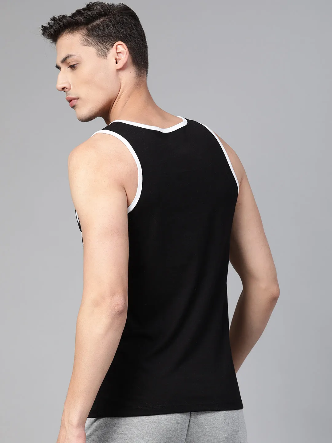 Alcis Men Black White Printed Sleeveless Round Neck T-shirt