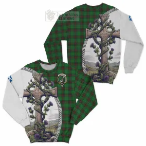 Anstruther Tartan Sweatshirt with Family Crest and St. Andrew's Cross Accented by Thistle Vines