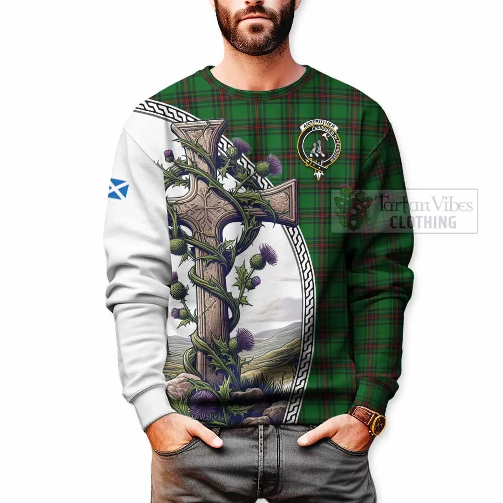 Anstruther Tartan Sweatshirt with Family Crest and St. Andrew's Cross Accented by Thistle Vines