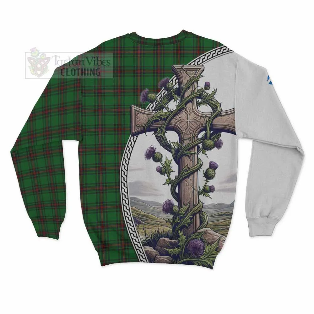 Anstruther Tartan Sweatshirt with Family Crest and St. Andrew's Cross Accented by Thistle Vines