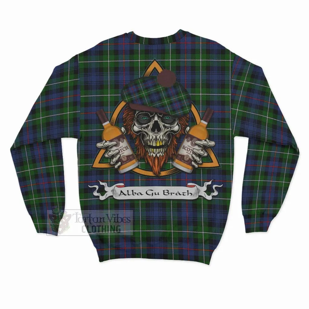 Baillie (Bailey) Tartan Sweatshirt with Family Crest and Bearded Skull Holding Bottles of Whiskey