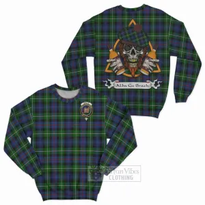 Baillie (Bailey) Tartan Sweatshirt with Family Crest and Bearded Skull Holding Bottles of Whiskey