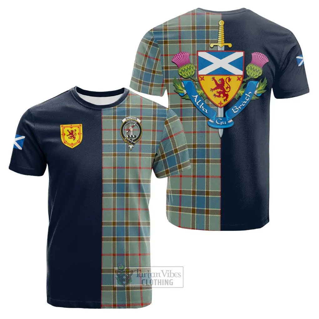 Balfour Blue Tartan Cotton T-shirt Alba with Scottish Lion Royal Arm Half Style