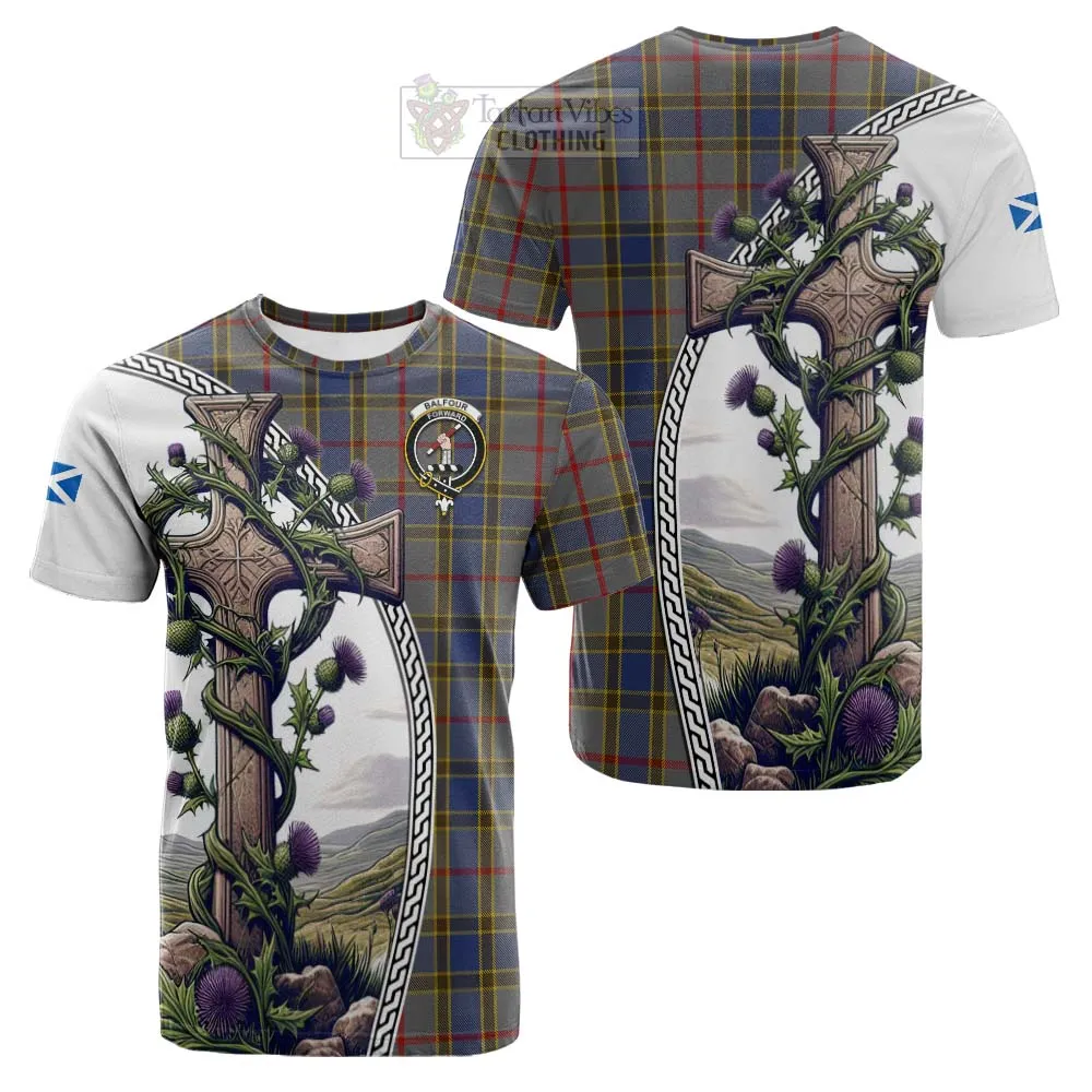 Balfour Tartan Cotton T-shirt with Family Crest and St. Andrew's Cross Accented by Thistle Vines