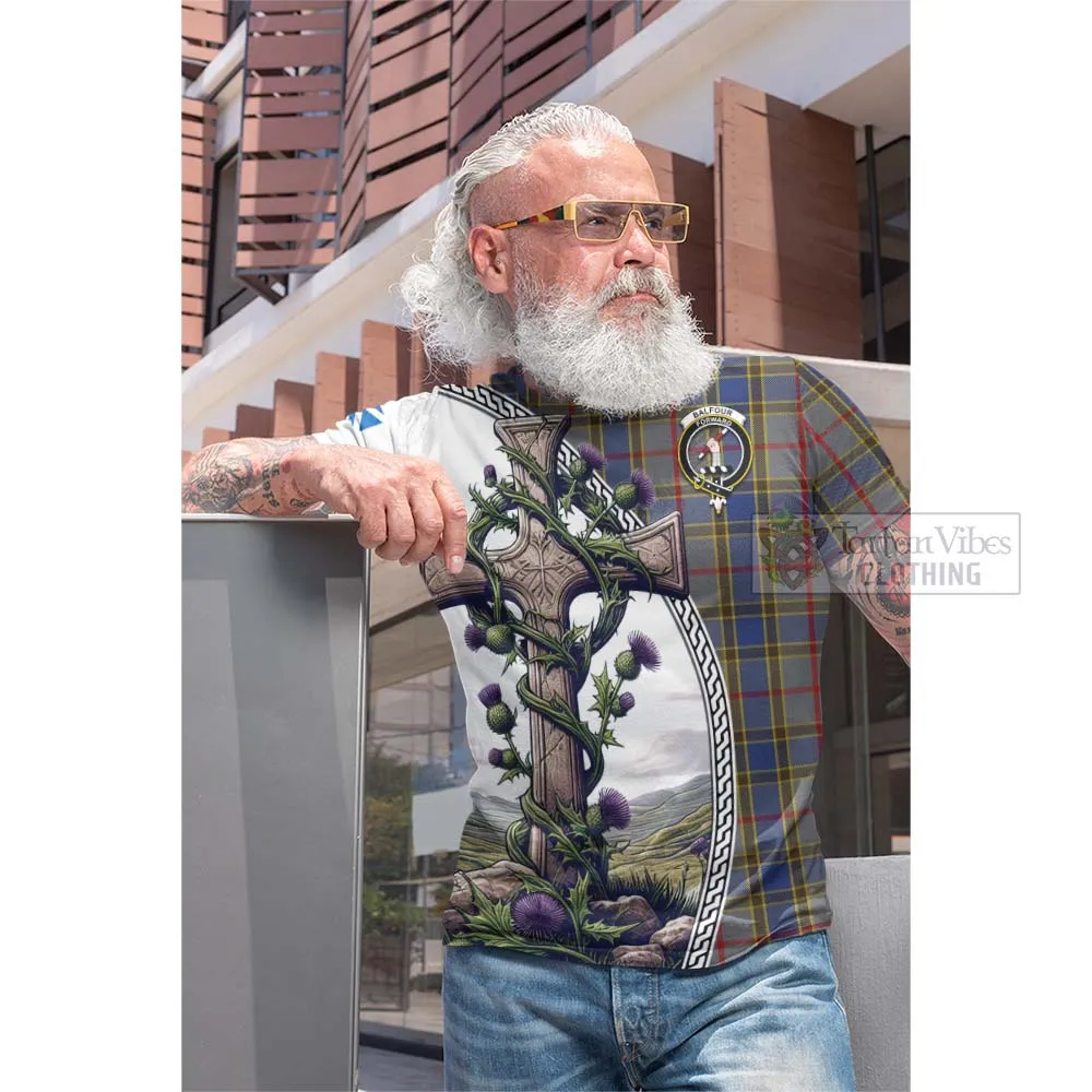 Balfour Tartan Cotton T-shirt with Family Crest and St. Andrew's Cross Accented by Thistle Vines