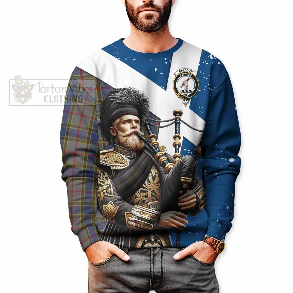 Balfour Tartan Sweatshirt with Family Crest Scottish Bagpiper Vibes