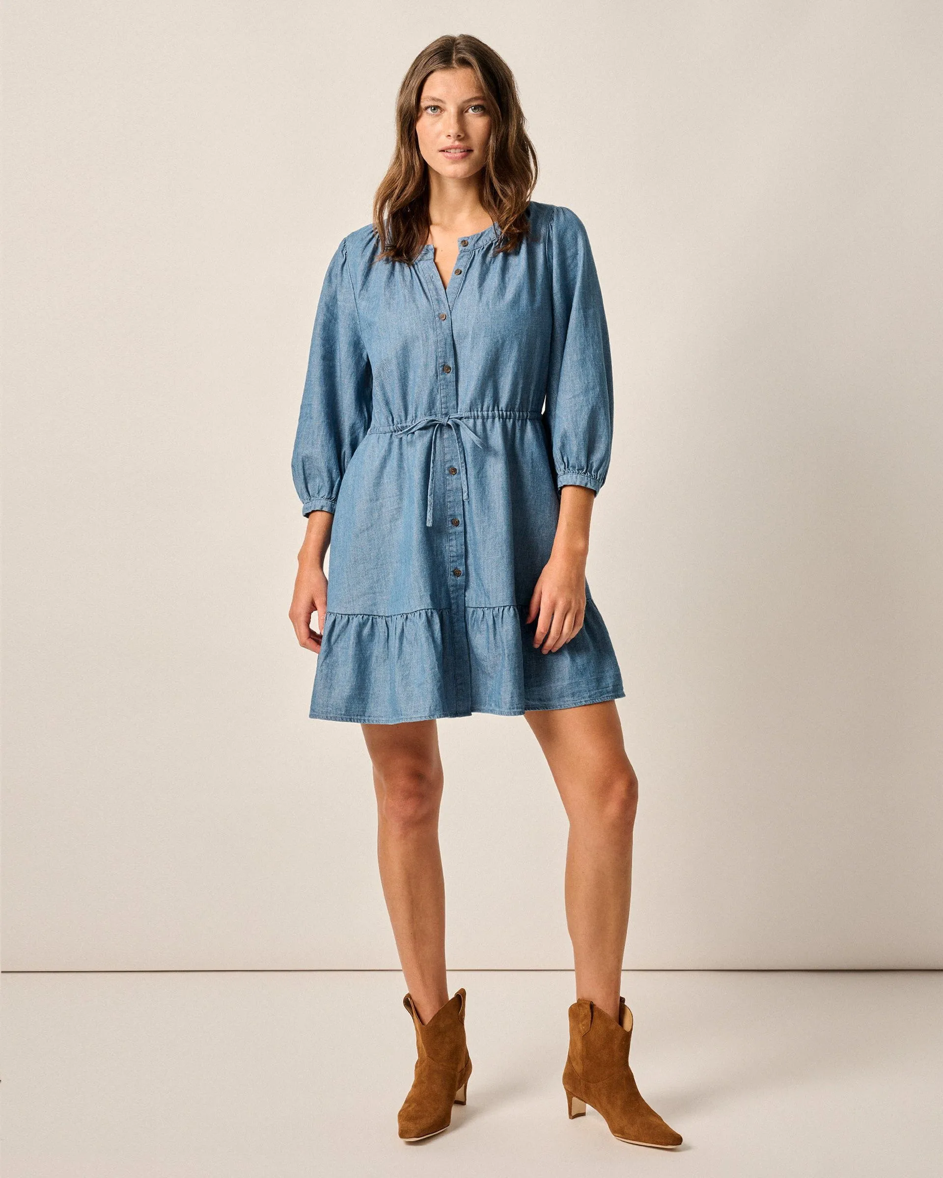 Becca Tiered Chambray Mini Dress