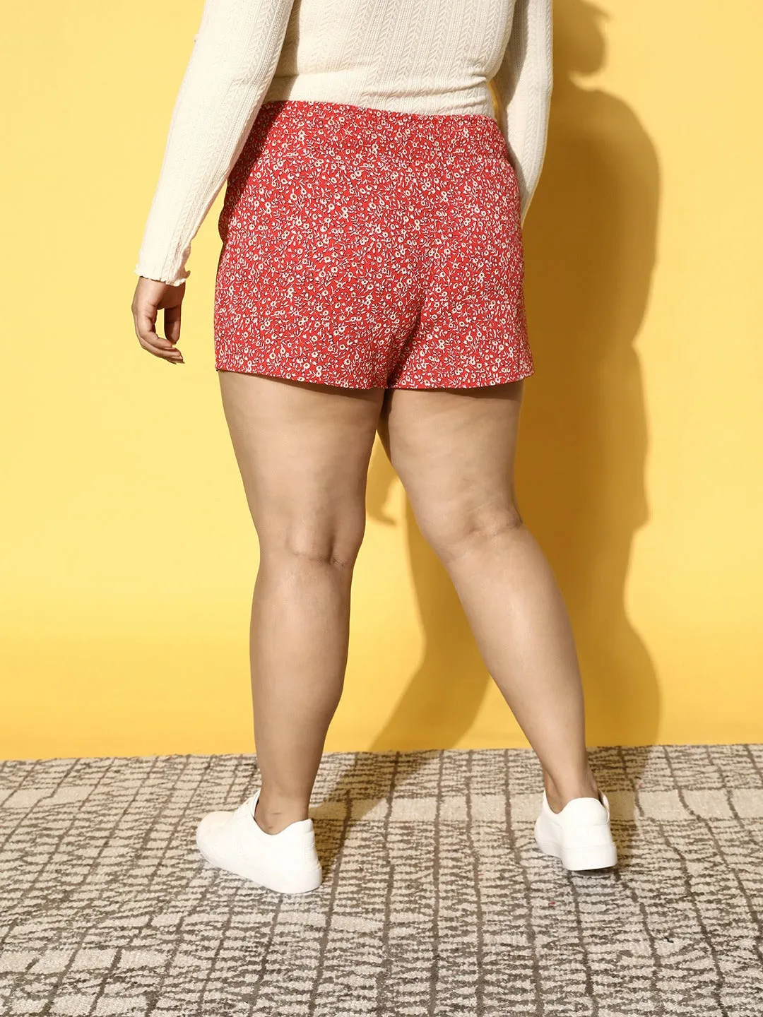 Berrylush Women Plus Size Red & White Floral Printed Polyester Slip-On High-Rise Waist Mini Shorts