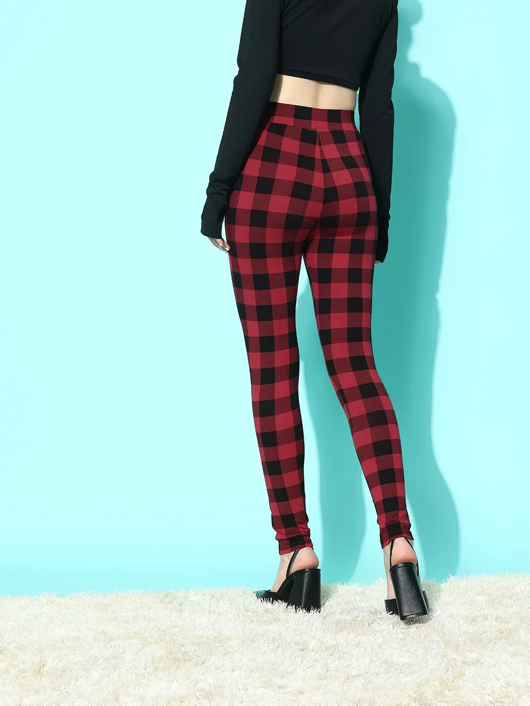 Berrylush Women Red & Black Check Printed Super Stretchy & High Waisted Sports Tights