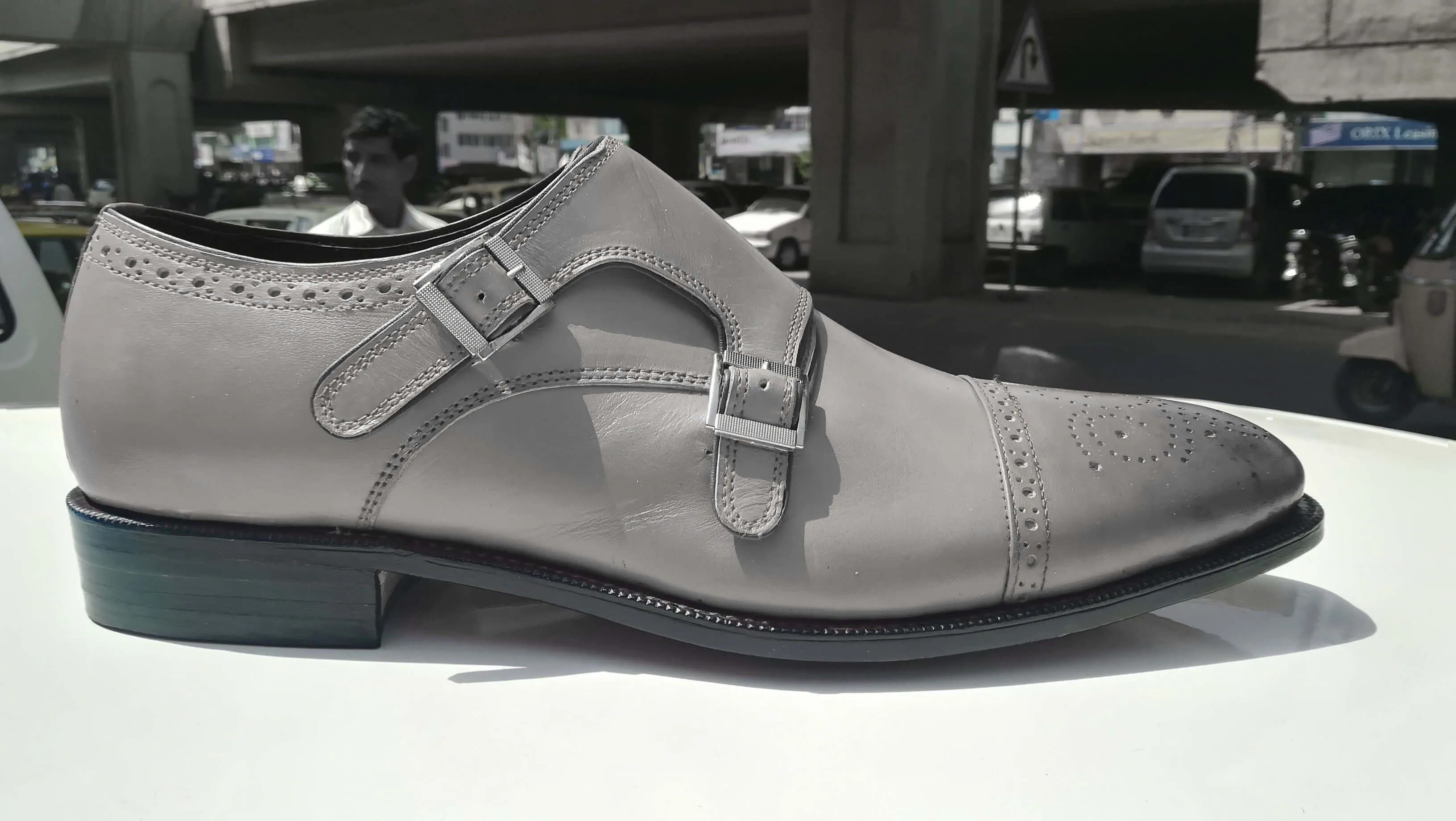 Bespoke Gray Leather Double Monk Strap Cap Toe Shoe for Men