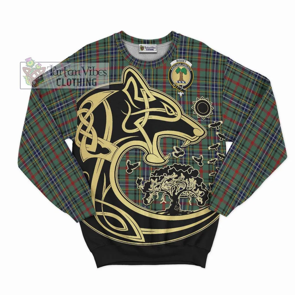 Bisset Tartan Sweatshirt with Family Crest Celtic Wolf Style