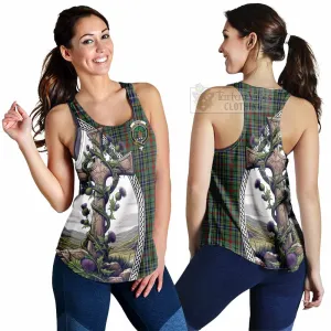 Bisset Tartan Women's Racerback Tanks with Family Crest and St. Andrew's Cross Accented by Thistle Vines