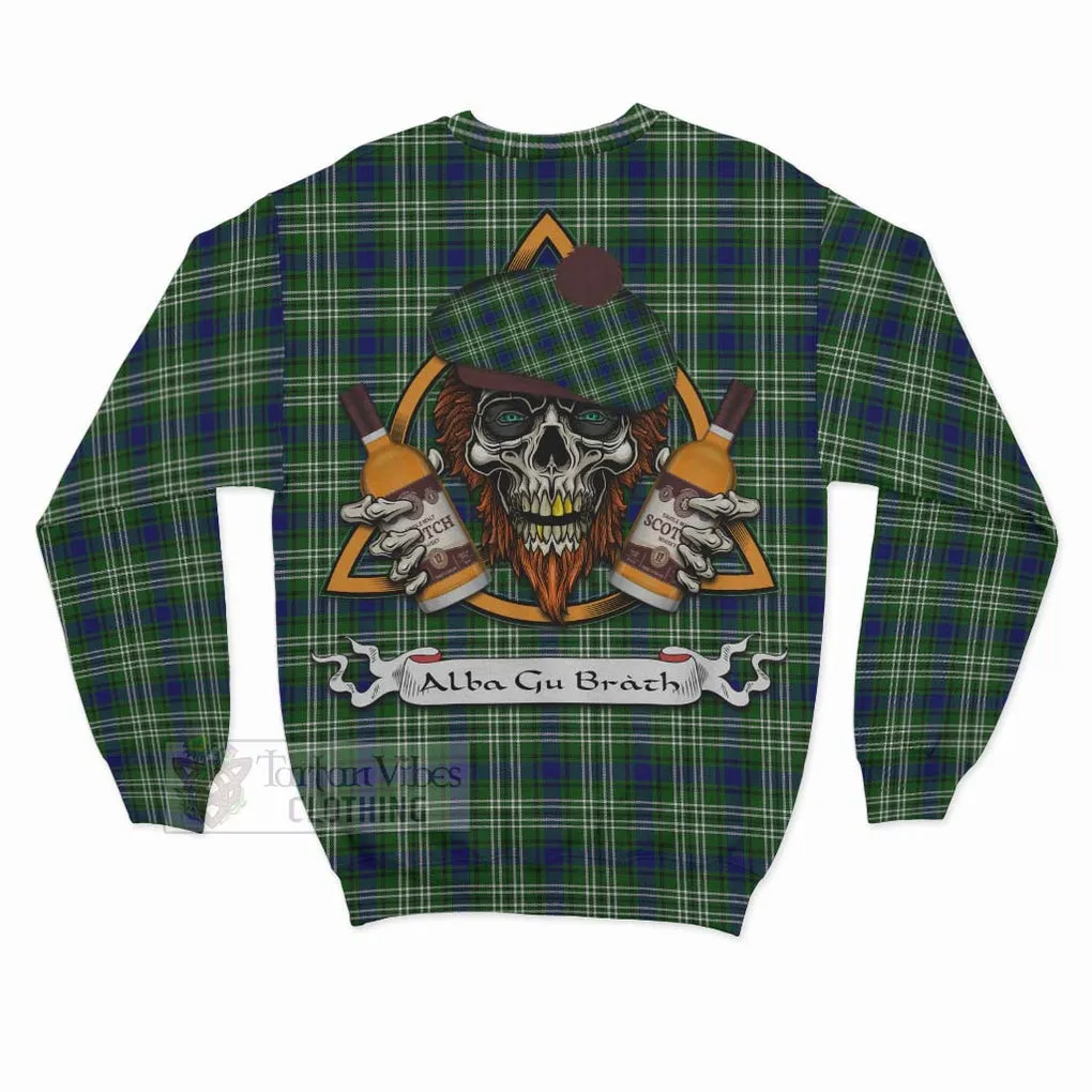 Blackadder Tartan Sweatshirt with Family Crest and Bearded Skull Holding Bottles of Whiskey