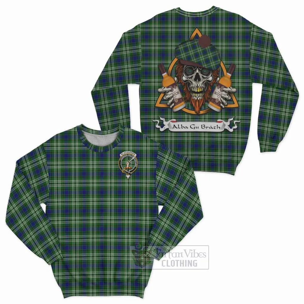 Blackadder Tartan Sweatshirt with Family Crest and Bearded Skull Holding Bottles of Whiskey