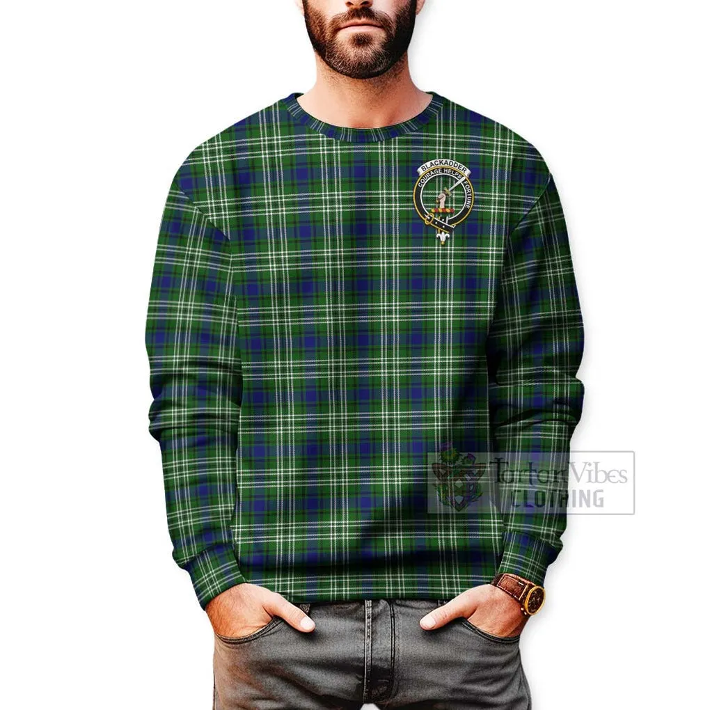 Blackadder Tartan Sweatshirt with Family Crest and Bearded Skull Holding Bottles of Whiskey