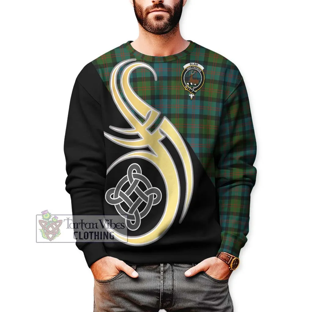 Blair Ancient Tartan Sweatshirt with Family Crest and Celtic Symbol Style