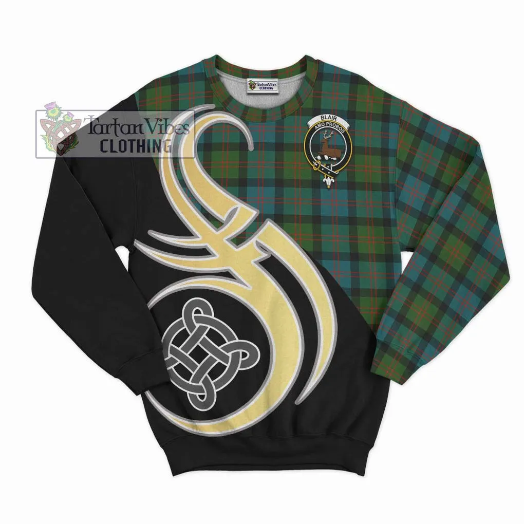 Blair Ancient Tartan Sweatshirt with Family Crest and Celtic Symbol Style