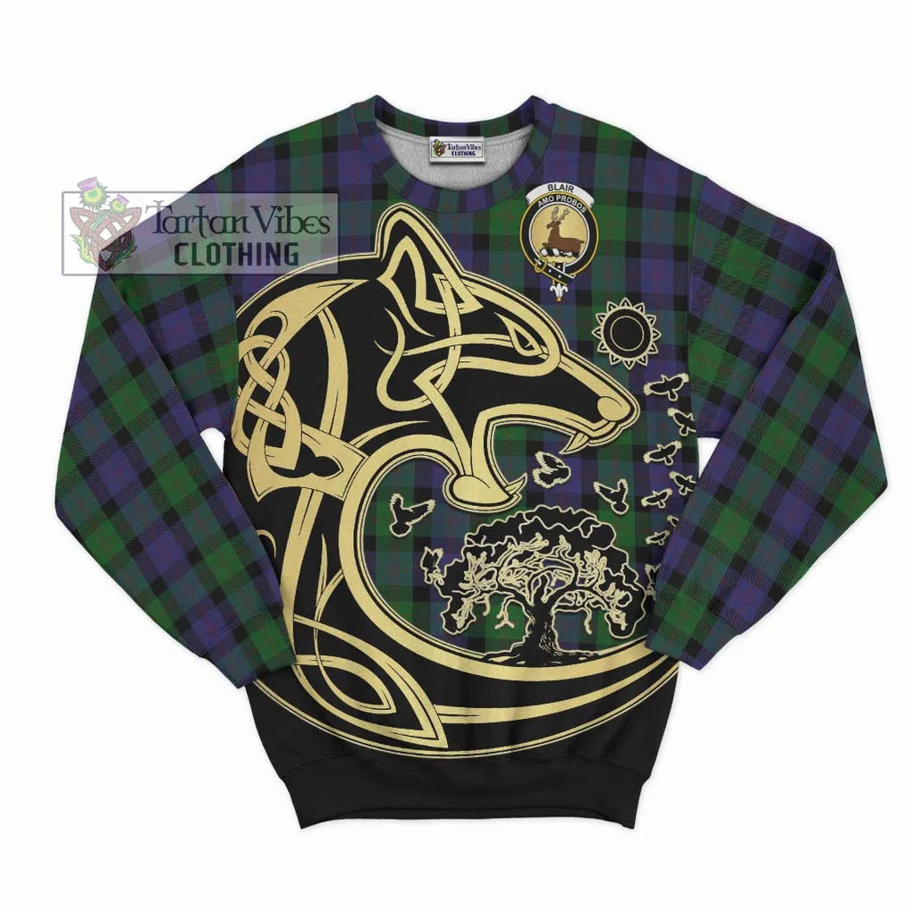 Blair Tartan Sweatshirt with Family Crest Celtic Wolf Style