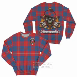 Blane Tartan Sweatshirt with Family Crest and Bearded Skull Holding Bottles of Whiskey