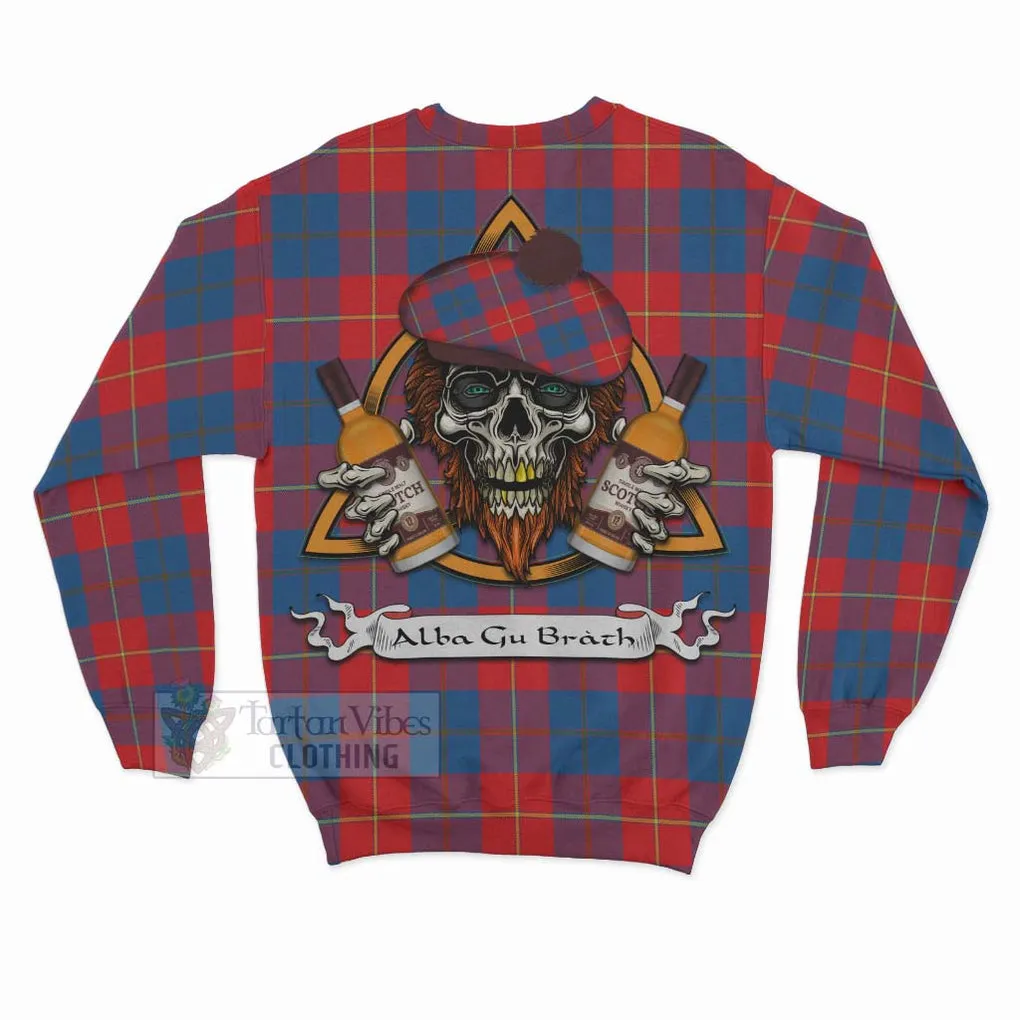 Blane Tartan Sweatshirt with Family Crest and Bearded Skull Holding Bottles of Whiskey