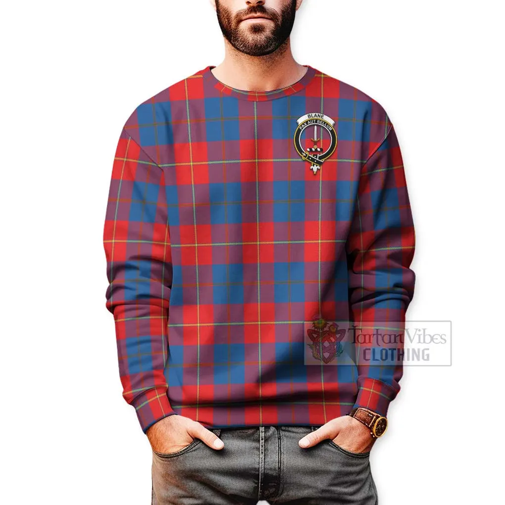 Blane Tartan Sweatshirt with Family Crest and Bearded Skull Holding Bottles of Whiskey