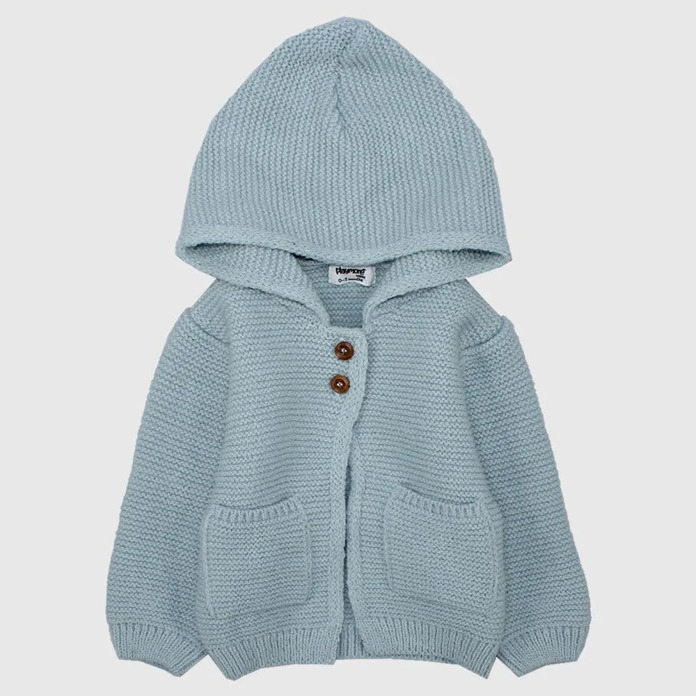 Blue Long-Sleeved Hooded Knit Jacket