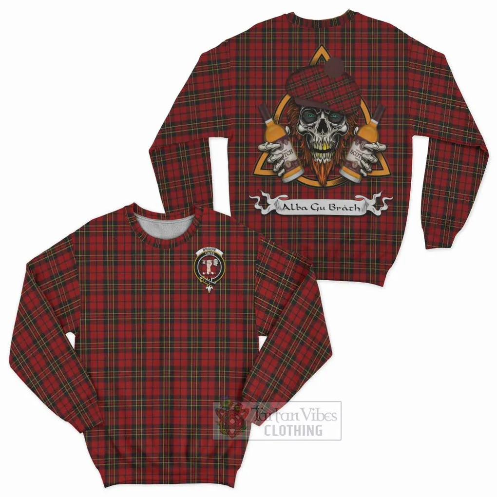 Brodie Tartan Sweatshirt with Family Crest and Bearded Skull Holding Bottles of Whiskey