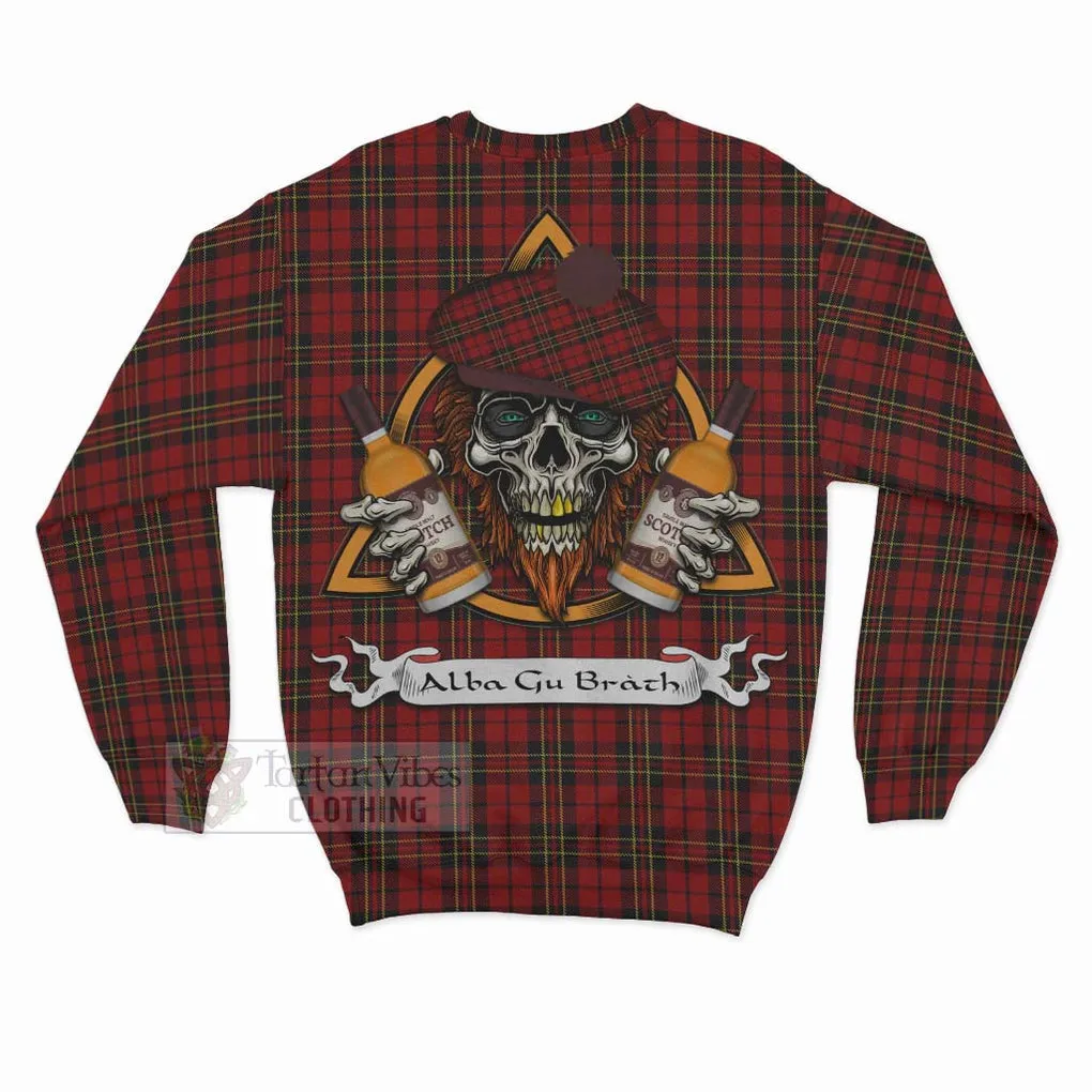 Brodie Tartan Sweatshirt with Family Crest and Bearded Skull Holding Bottles of Whiskey