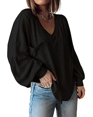 BTFBM Women Casual V Neck Ribbed Knitted Shirts Tunic Tops Loose Balloon Sleeve Solid Pullover Blouses Top with Pocket(Solid Black, Large)