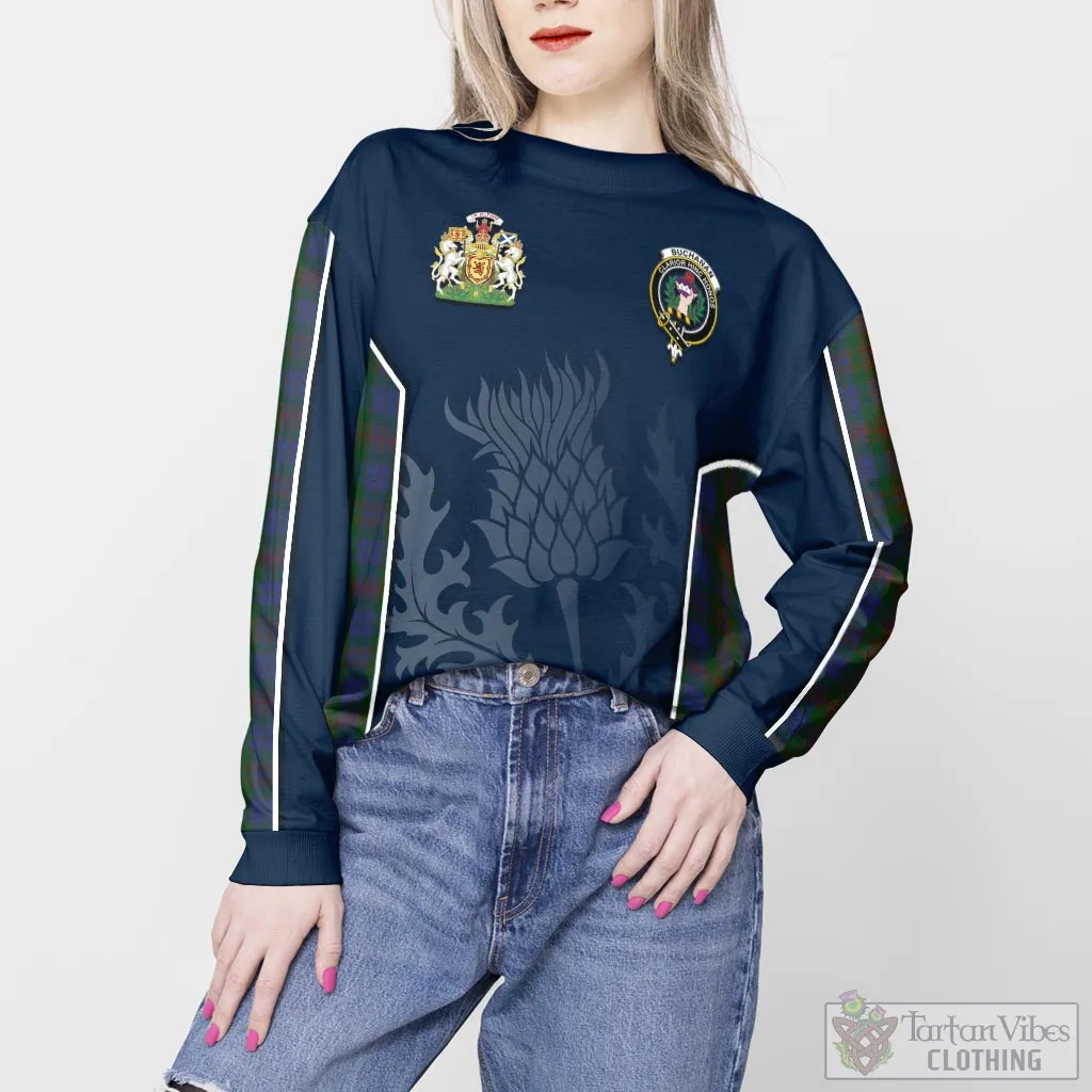 Buchanan Hunting Tartan Sweatshirt with Family Crest and Scottish Thistle Vibes Sport Style