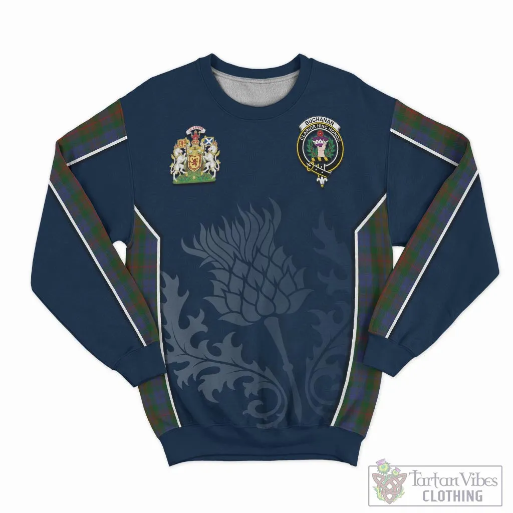 Buchanan Hunting Tartan Sweatshirt with Family Crest and Scottish Thistle Vibes Sport Style