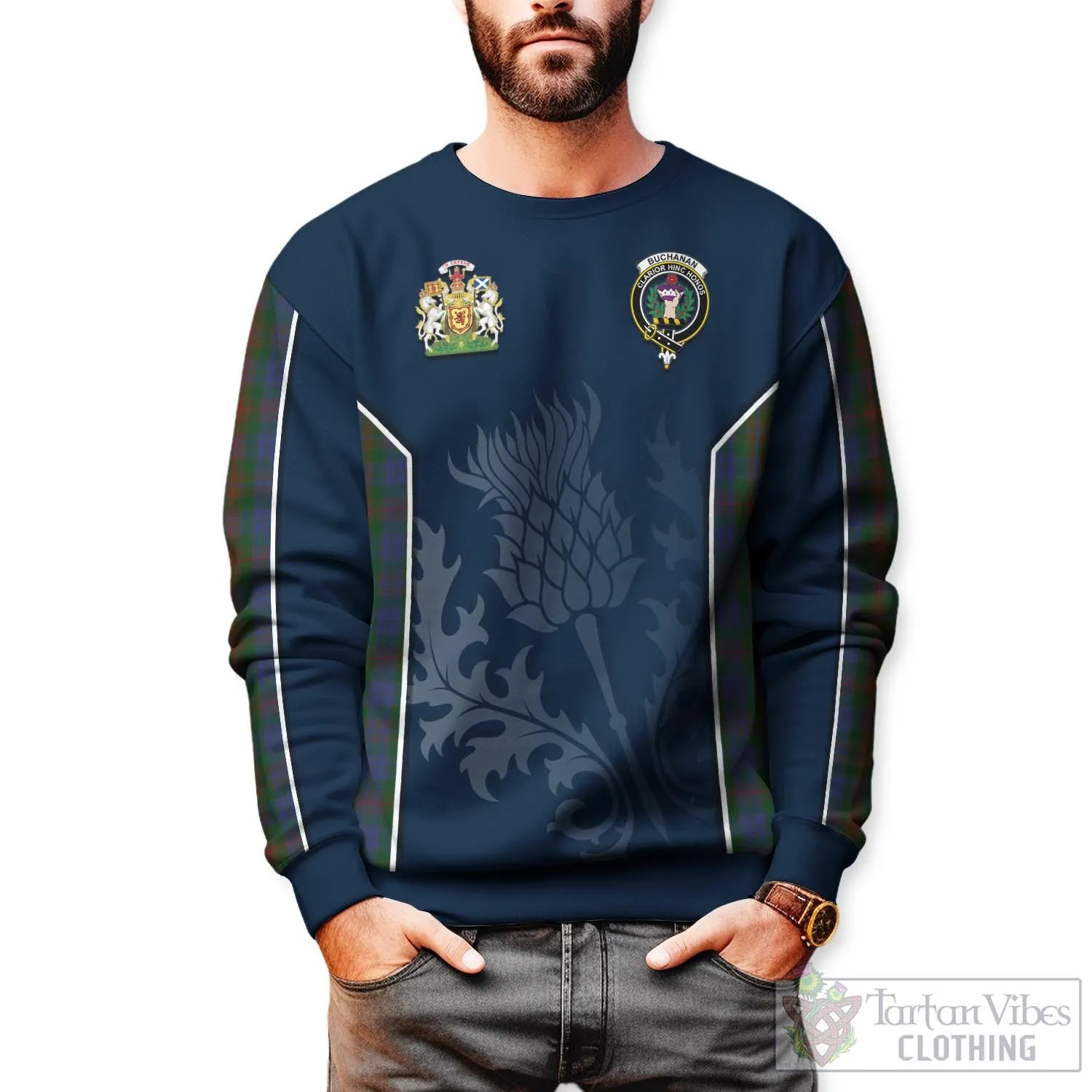 Buchanan Hunting Tartan Sweatshirt with Family Crest and Scottish Thistle Vibes Sport Style