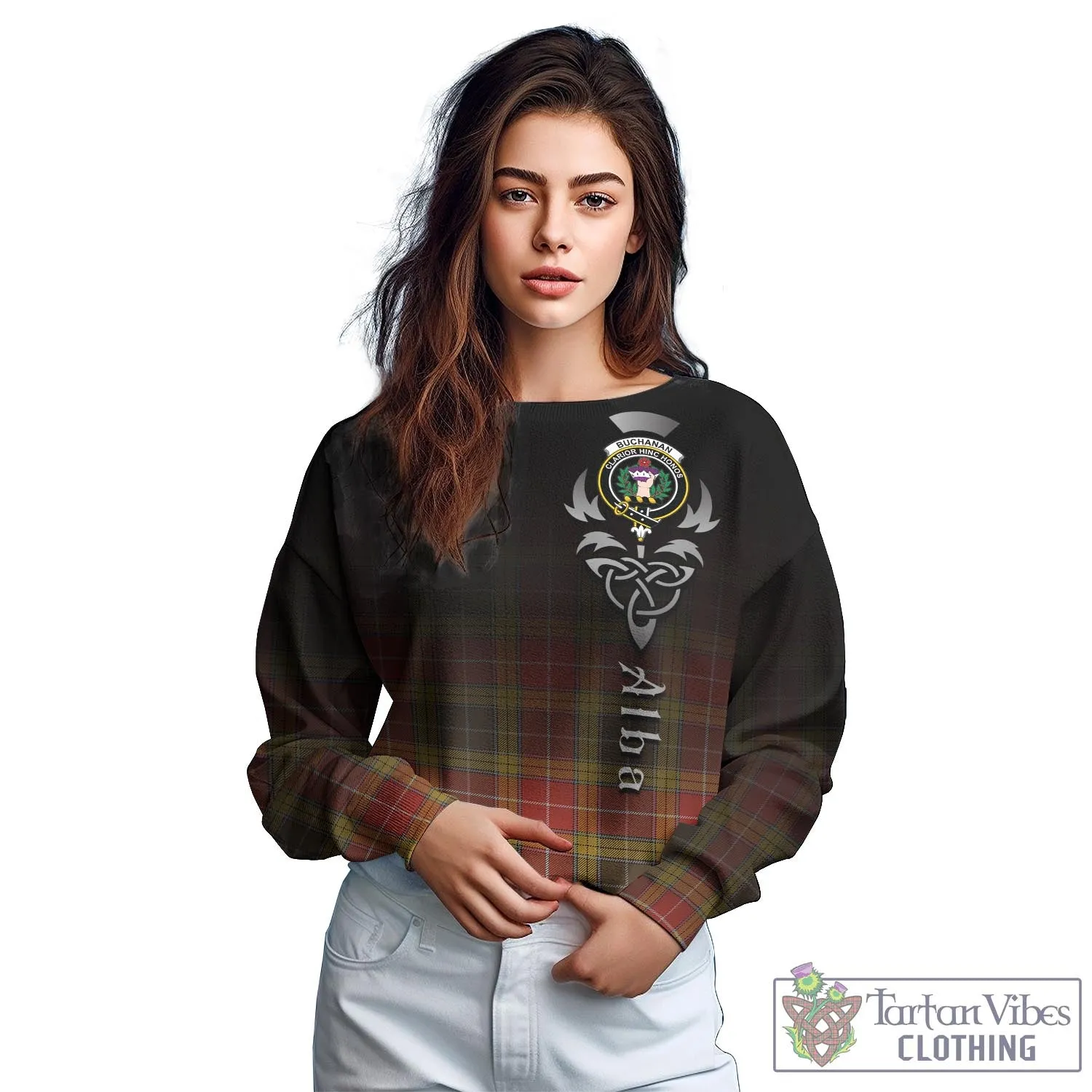 Buchanan Old Set Weathered Tartan Sweatshirt Featuring Alba Gu Brath Family Crest Celtic Inspired