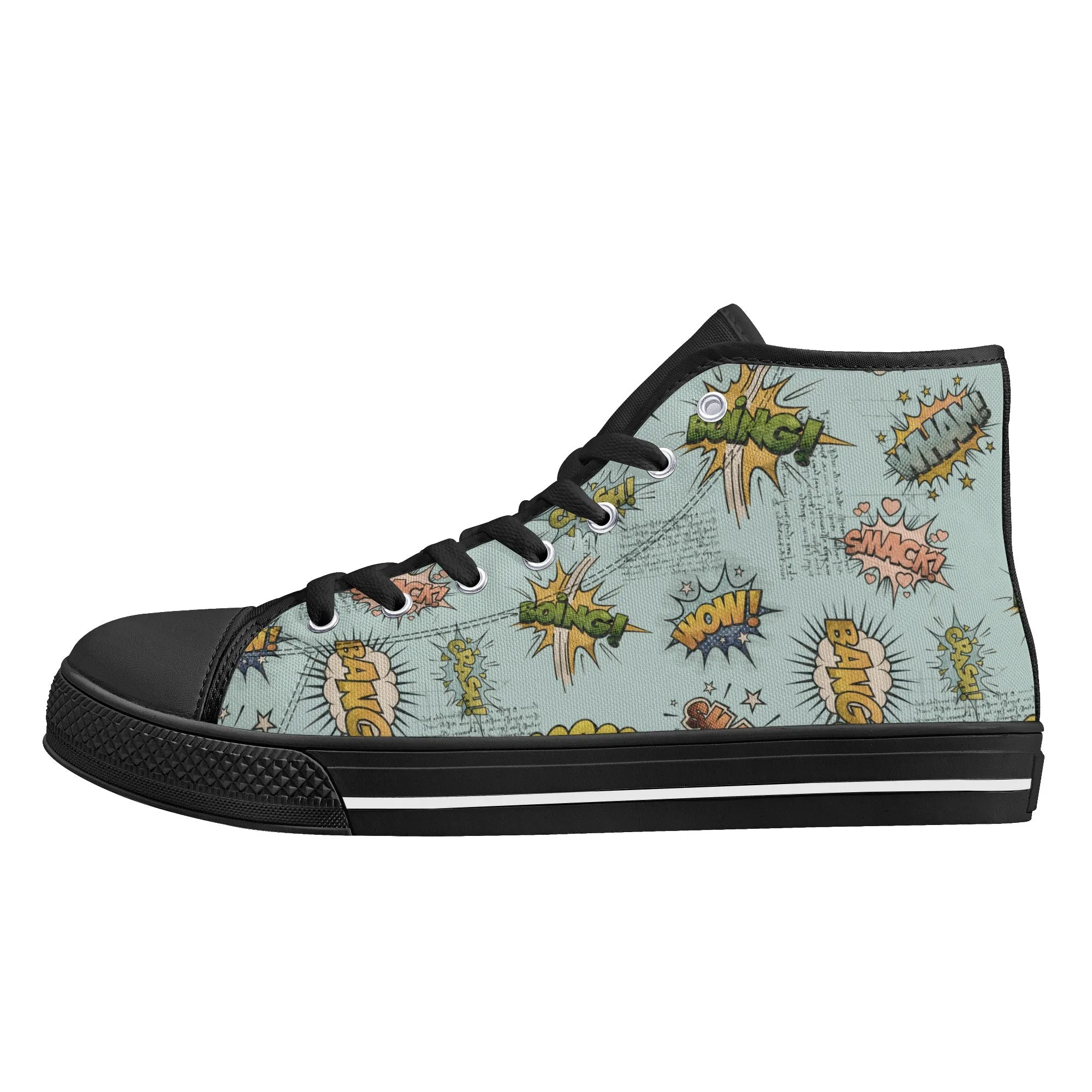 Canvas High Top Sneakers | Vintage Blue | Unique Onomatopoeia Print | Retro Comic style