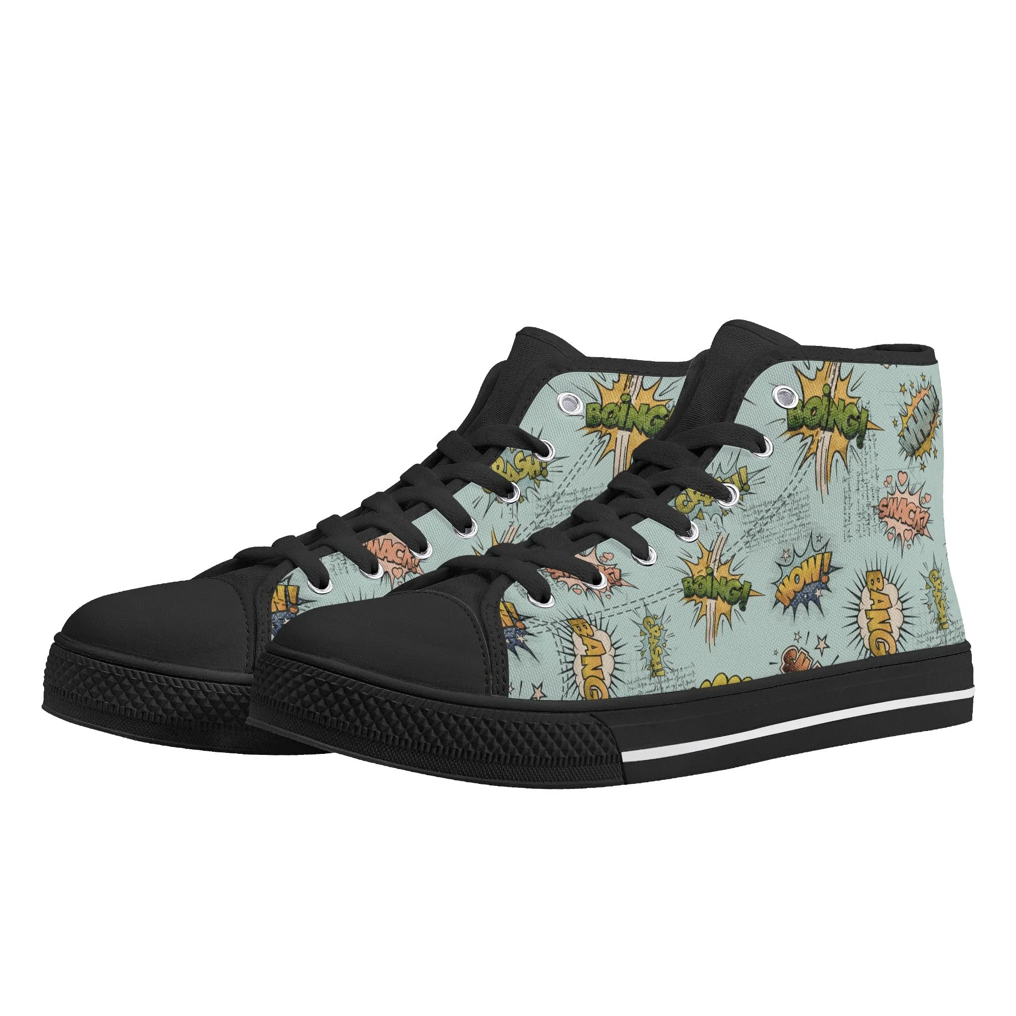 Canvas High Top Sneakers | Vintage Blue | Unique Onomatopoeia Print | Retro Comic style