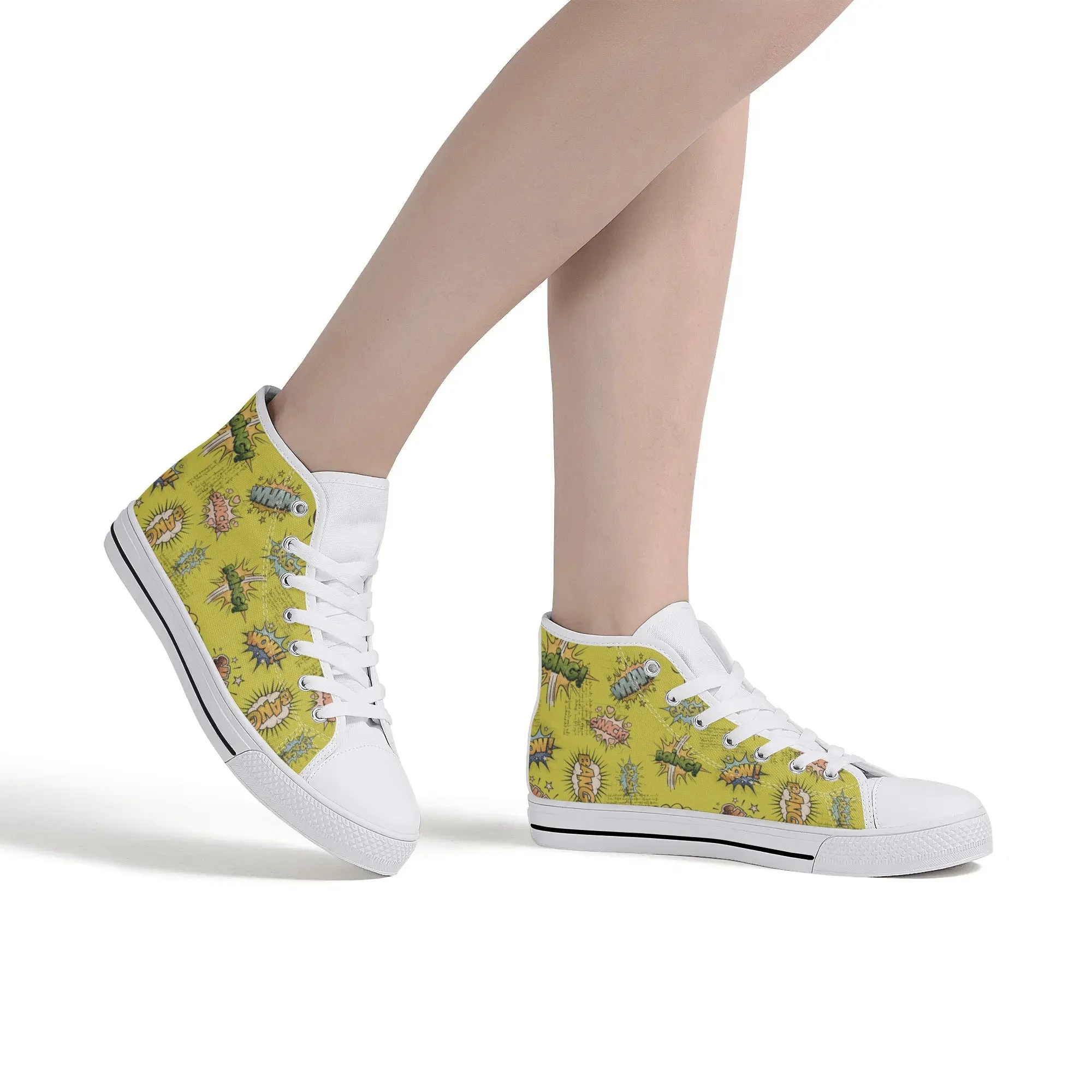 Canvas High Top Sneakers | Vintage Green | Unique Onomatopoeia Print | Retro Comic style