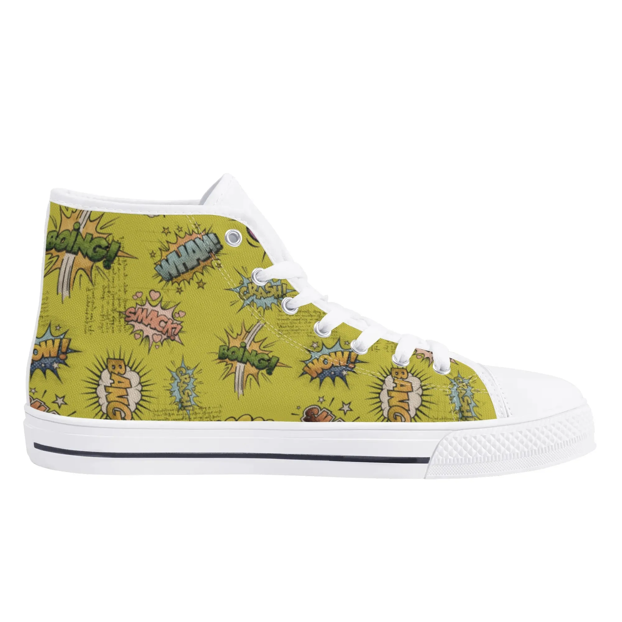 Canvas High Top Sneakers | Vintage Green | Unique Onomatopoeia Print | Retro Comic style