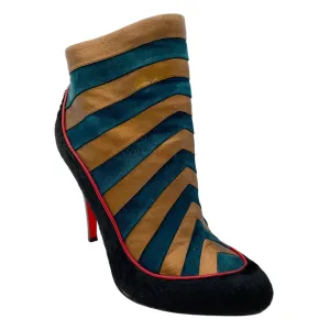 Christian Louboutin Black / Bronze Metallic / Teal Calf Hair, Suede, and Leather Ankle Boots