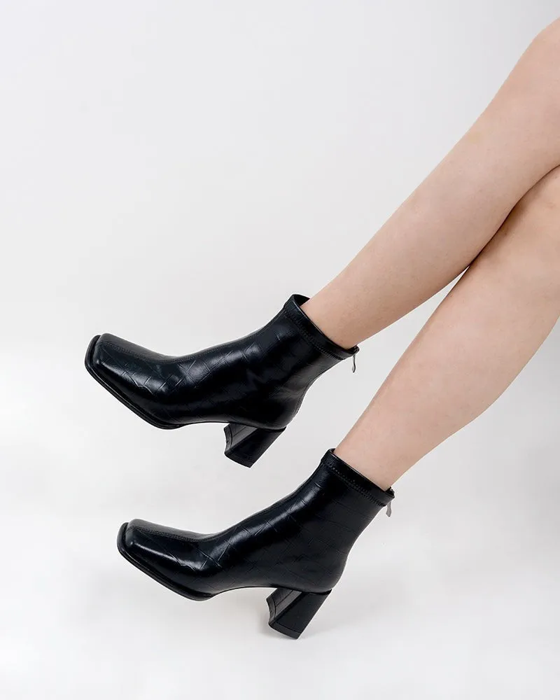 (Clean Up - US 8.5) Squared Toe Flare Block Heel Soft Stretch Ankle Boots