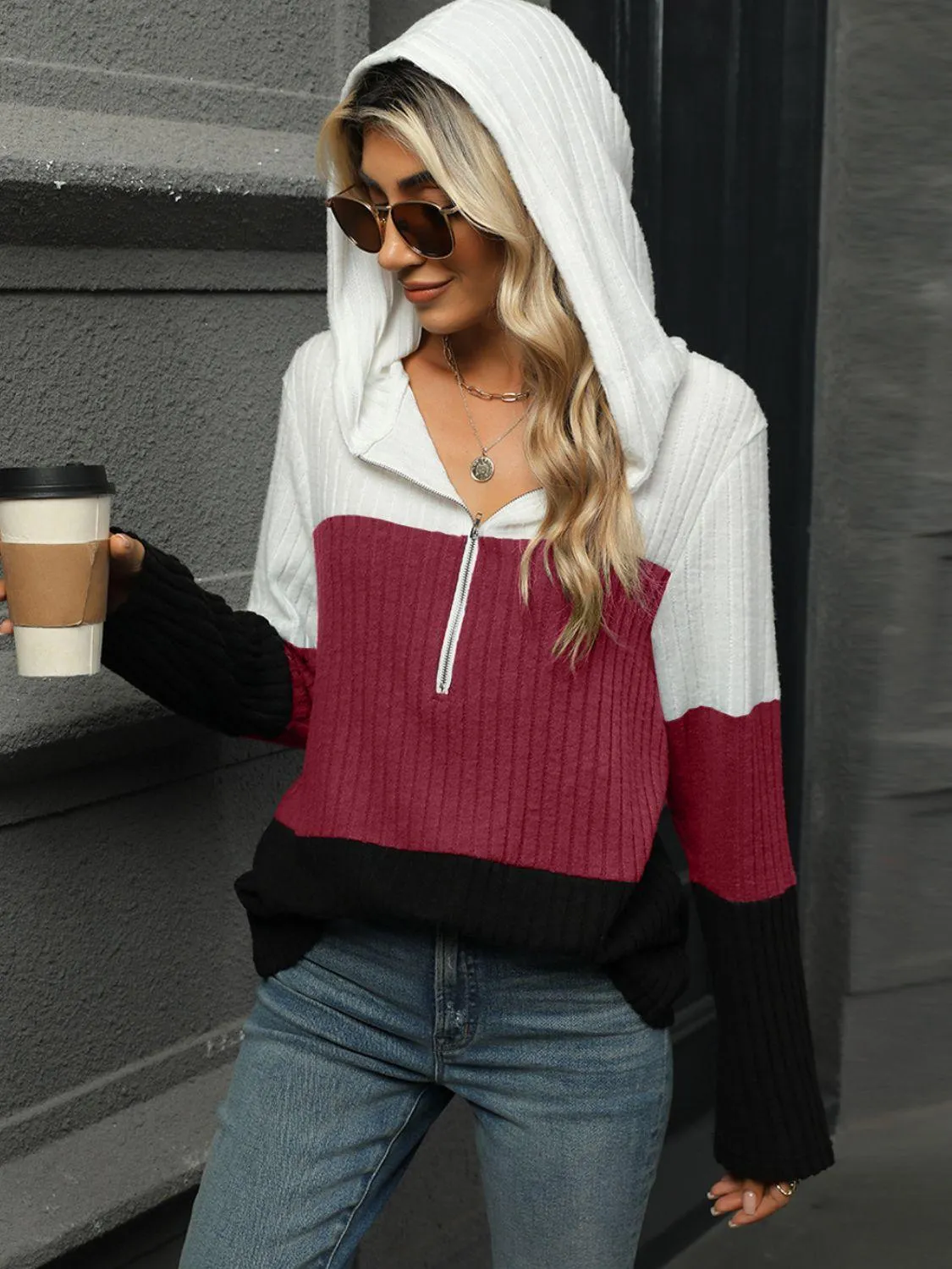 Color Block Hooded Long Sleeve T-Shirt